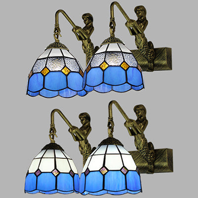 Wall Mounted Antique Brass Sconce Light With Grid Pattern - 2 Heads Baroque Design White/Clear Glass