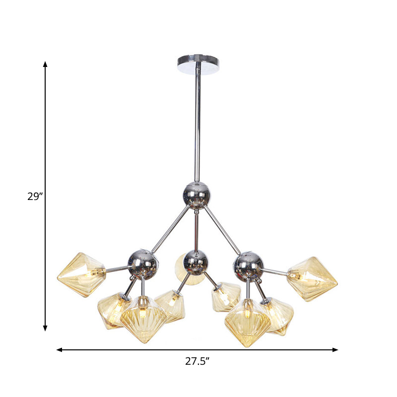 Industrial Stylish Glass Diamond Pendant Light Chandelier - 3/9/12 Bulbs, Amber/Clear Glass, 13"/27.5"/34" Width