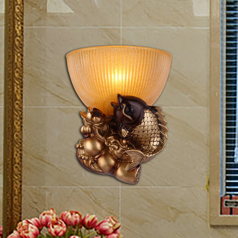 Gold Fish Lodge Style Wall Sconce With Ribbed Glass Shade - Bedroom Lighting