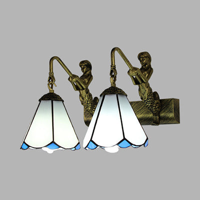 Conical Vanity Sconce Lighting With 2-Headed White/Beige Glass Tiffany Wall Mounted Light And