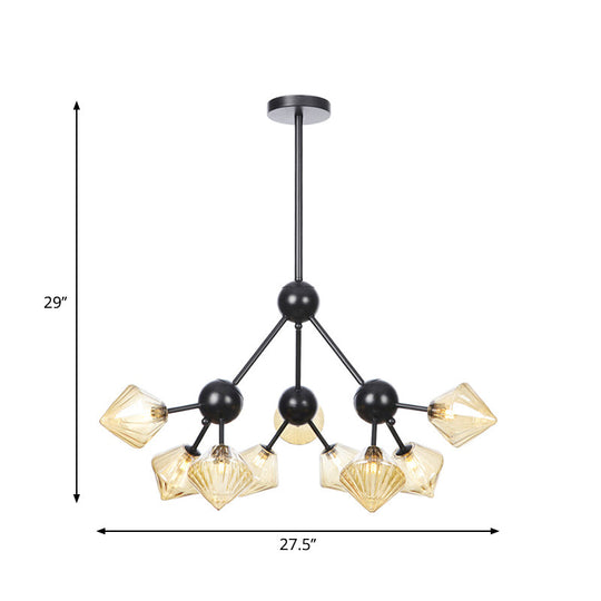 Modern Warehouse Style Chandelier Lamp with Diamond Design - 13"/27.5"/34" Width, Amber/Clear Glass, 3/9/12 Heads - Pendant Lighting for Living Room