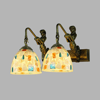 Mediterranean Mosaic Shell Sconce Light Fixture With 2 Lights - Beige/White-Yellow/Yellow-Blue Wall