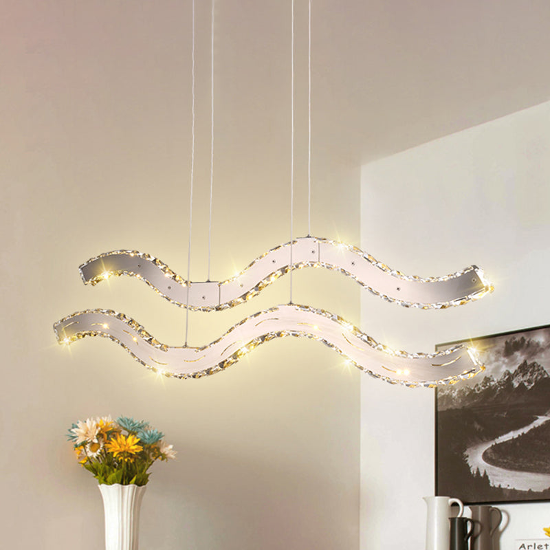 Chrome Crystal 2-Tier LED Chandelier for Dining Room - Modernist Hanging Ceiling Lamp