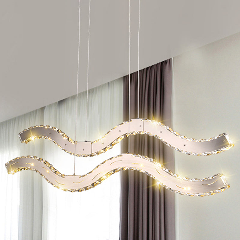 Chrome Crystal 2-Tier LED Chandelier for Dining Room - Modernist Hanging Ceiling Lamp