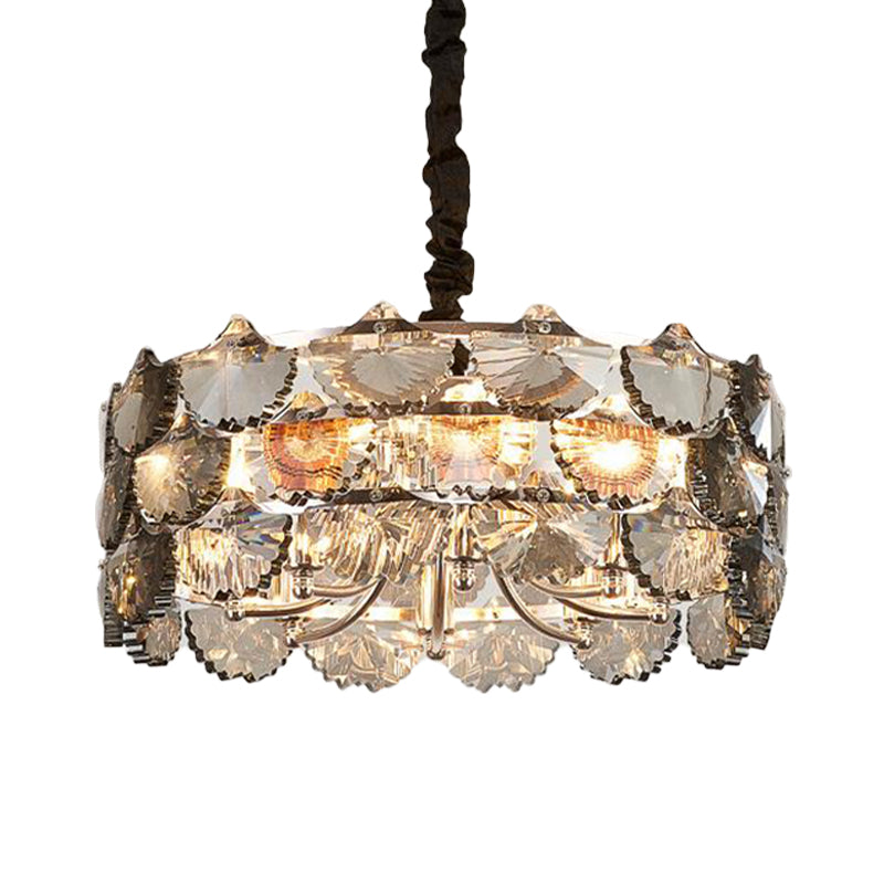 Modernist Gray Crystal Block Drum Ceiling Chandelier 6 Bulb Kitchen Pendant Lamp In Gold