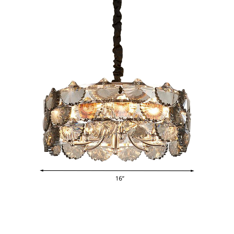 Modern Gray Crystal Block Drum Ceiling Chandelier - 6 Bulb Gold Pendant Lamp