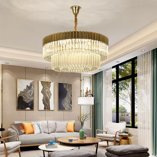 Modern Brass Chandelier Pendant Light with 6 Crystal Heads - 2 Tiers, Living Room Décor