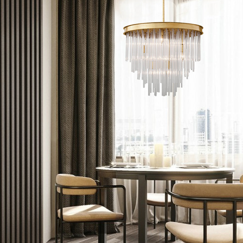 Modern Gold Pendant Chandelier Light With Tiered Clear Crystal Shade - 6/8 Bulb Restaurant Fixture