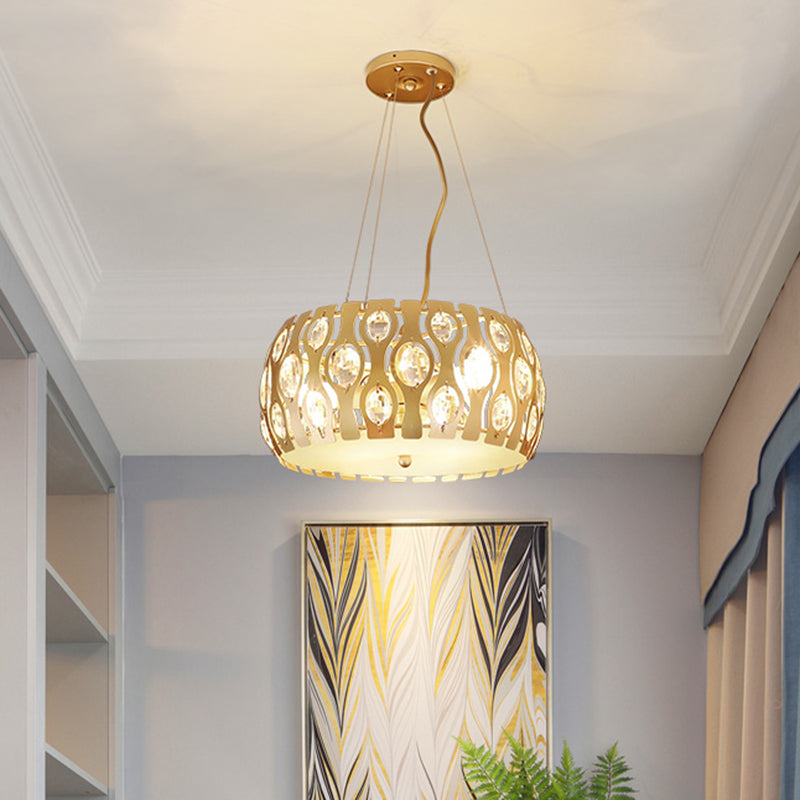Modern Metal Drum Chandelier With Crystal Accents - 3/4 Lights Gold Finish 15/19 Width / 15