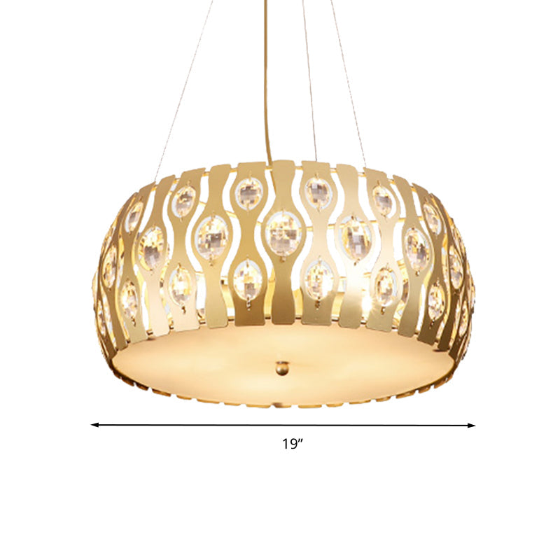 Modern Metal Drum Chandelier With Crystal Accents - 3/4 Lights Gold Finish 15/19 Width