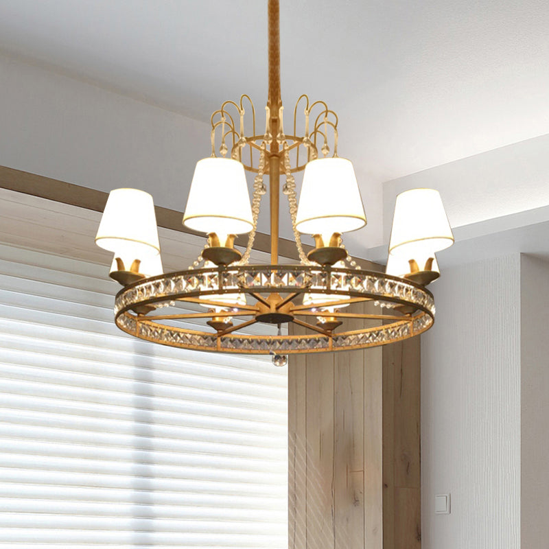 Modern Antique Brass Chandelier: 6-Bulb Pendant Light Fixture With Fabric Cone Shade For Living Room
