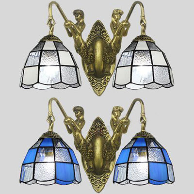 White And Blue Glass Sconce Light With 2 Heads For Wall Mounting In Corridor - Tiffany Dome Design