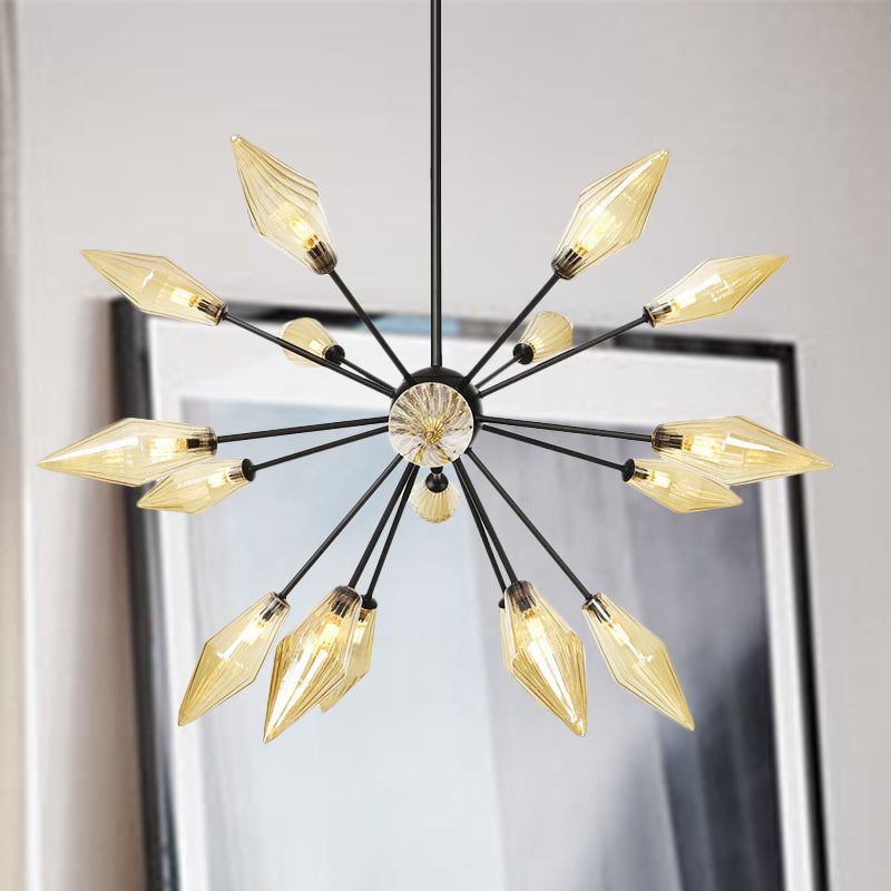 Mid-Century Diamond Shade Chandelier Light Fixture With Ribbed Glass (9/12/15 Lights) - Living Room