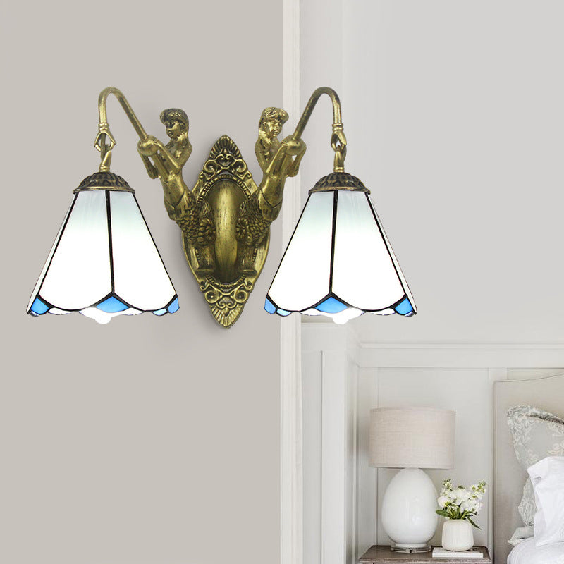 Tiffany Style Wall Sconce With Flared White/Beige Glass And Mermaid Backplate - 2 Light White