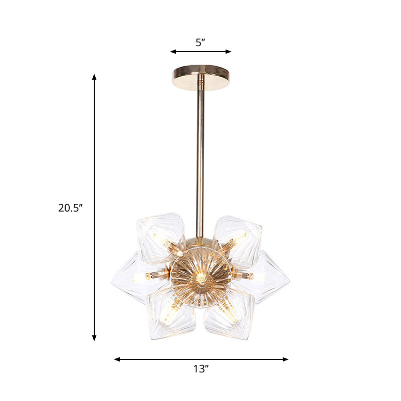 Stylish Farmhouse Chandelier Lamp: Diamond Amber/Clear Glass, 9/12 Heads, Copper/Gold Finish