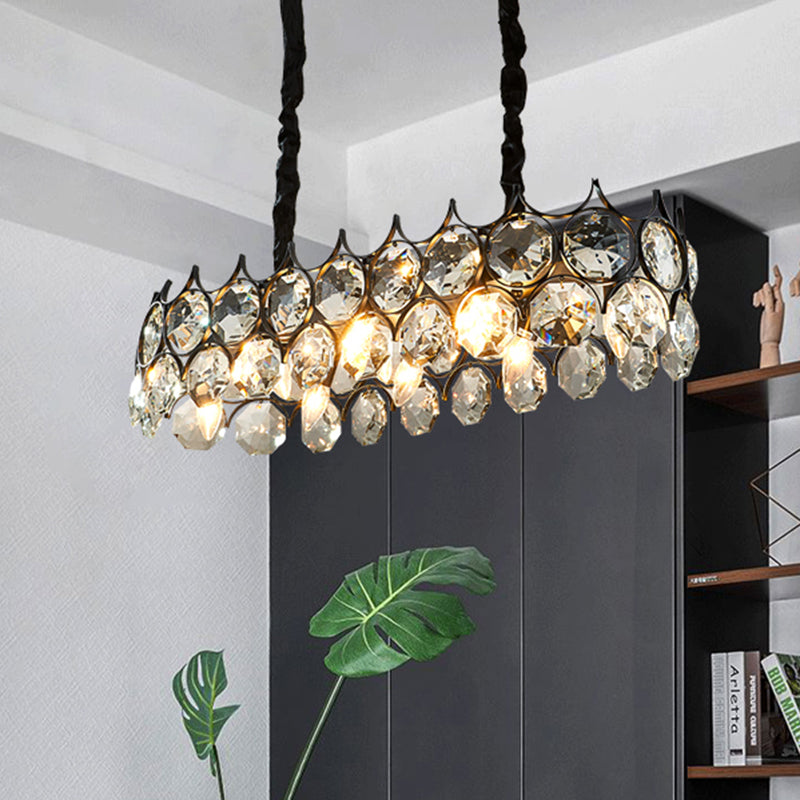 Modern Black/Gold Pendant Lighting Fixture With Crystal Prism Shade - 8-Bulb Dining Room Island