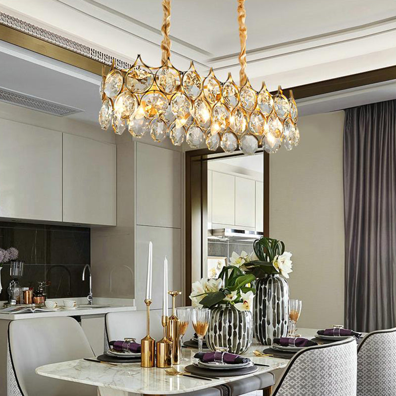 Modern Black/Gold Pendant Lighting Fixture With Crystal Prism Shade - 8-Bulb Dining Room Island