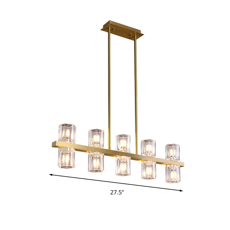 Modern Clear Glass Cylinder Island Light Fixture - 10 Head Gold Suspension Pendant For Restaurants
