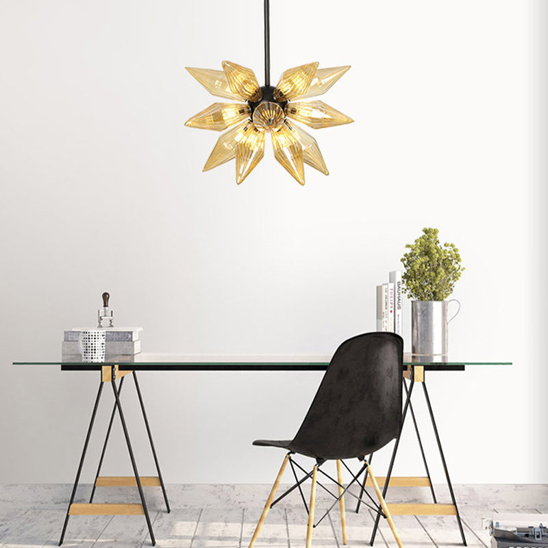 Industrial Pendant Chandelier With Amber/Clear Ribbed Glass And Starburst Design - 9/12/15 Heads For