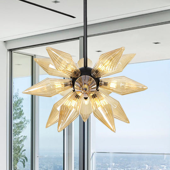 Industrial Amber/Clear Ribbed Glass Pendant Lighting with Starburst Design - 9/12/15 Heads Bedroom Chandelier Lamp