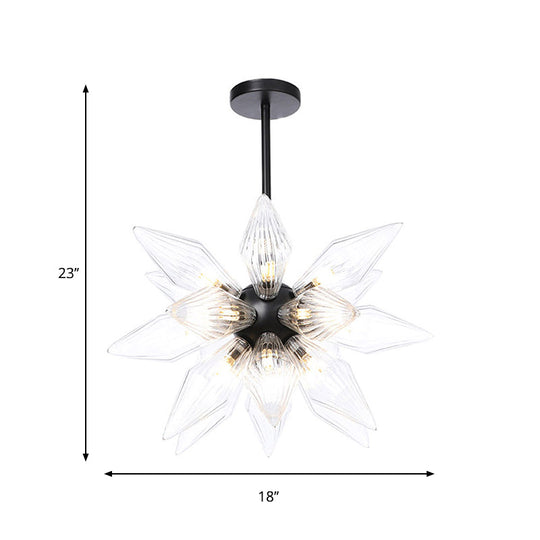 Industrial Amber/Clear Ribbed Glass Pendant Lighting with Starburst Design - 9/12/15 Heads Bedroom Chandelier Lamp