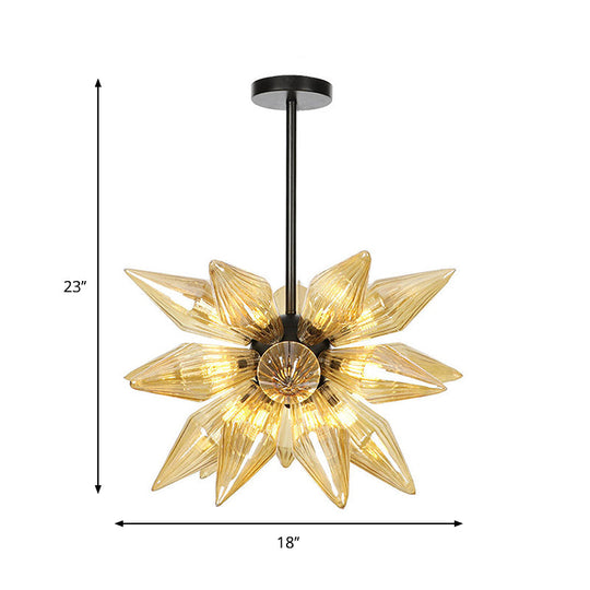 Industrial Pendant Chandelier With Amber/Clear Ribbed Glass And Starburst Design - 9/12/15 Heads For