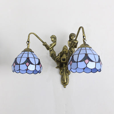 Tiffany Blue Glass Dome Wall Sconce Light - Antique Brass Finish With Baroque/Square Pattern 2 Heads