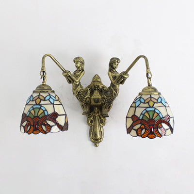 Tiffany Brass Stained Glass Wall Sconce With Victorian/Dragonfly Pattern - Multicolor Dome Lighting