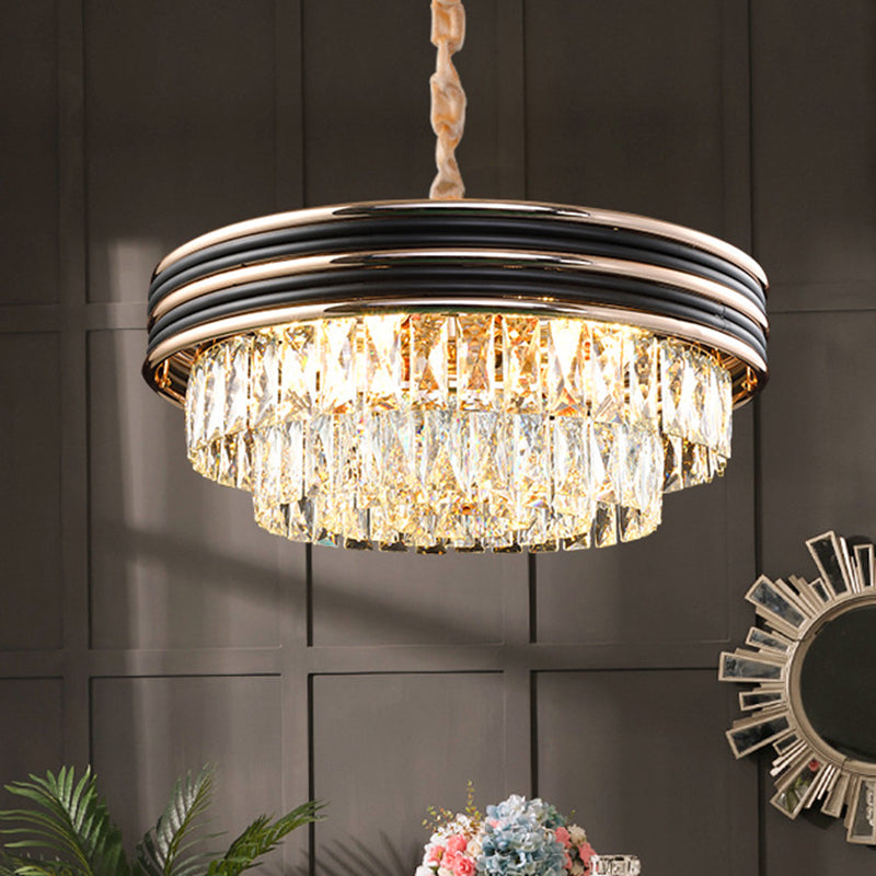 Modern Crystal Block Chandelier With 3 Tiers 9/11 Heads And Black Pendant - 18/21.5 Wide