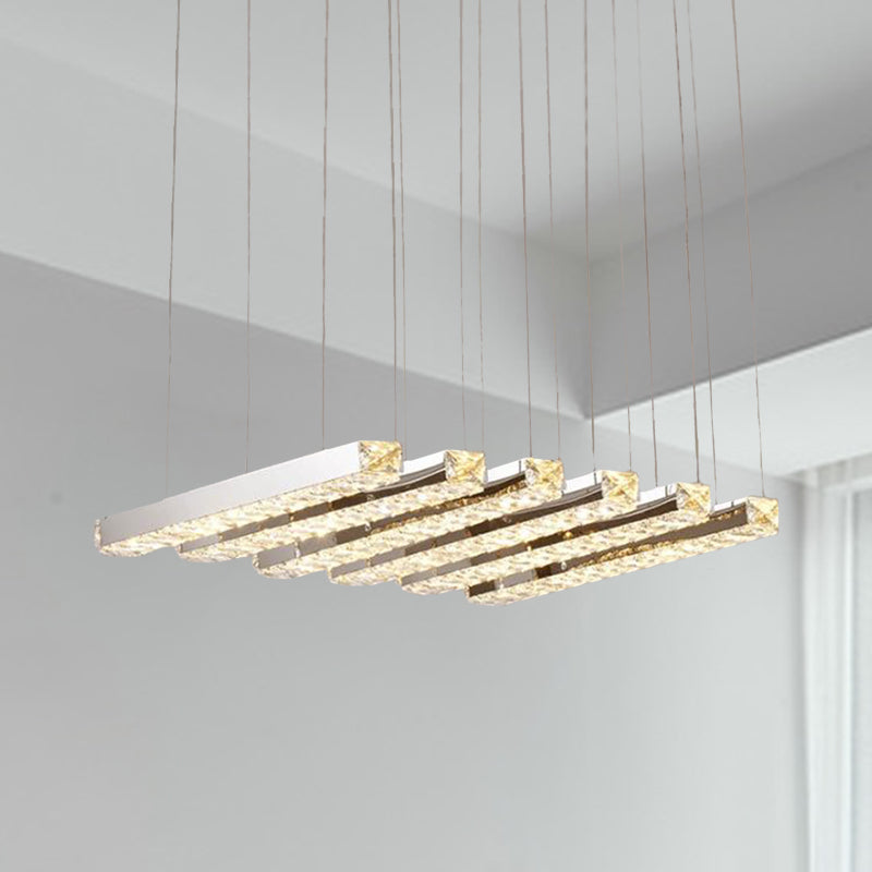 Simple Style K9 Crystal Chandelier - Linear Living Room Ceiling Light With 6/9 Silver Heads In