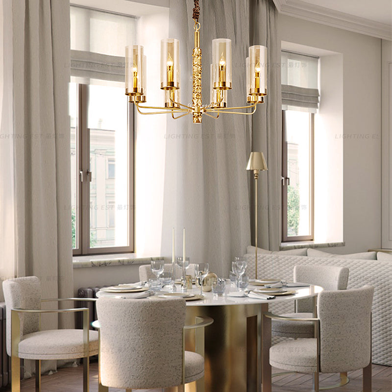 8-Head Gold Chandelier With Clear Glass Cylinders - Elegant Colonial Pendant Ceiling Light