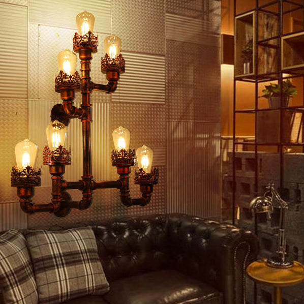 Rustic Weathered Copper Pipe Wall Lamp With Stylish Iron Design And 7 Lights - Ideal For Restaurants