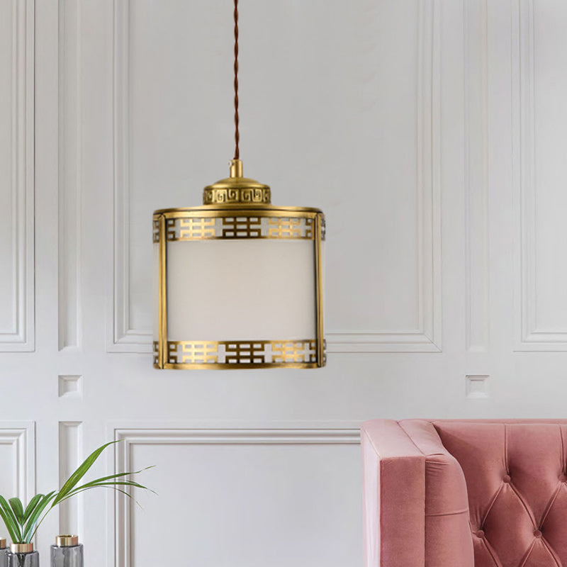 Frosted Glass Pendant Lamp: Traditional 1-Light Ceiling Light In Brass With Metal Frame / A