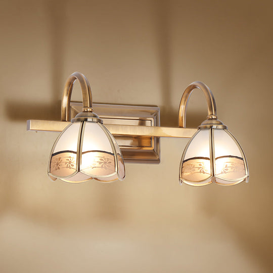 Traditional Brass Wall Sconce With Frosted Glass Dome Shade - 2/3 Bulb Vanity Light Fixture