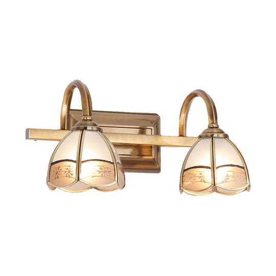 Traditional Brass Wall Sconce With Frosted Glass Dome Shade - 2/3 Bulb Vanity Light Fixture