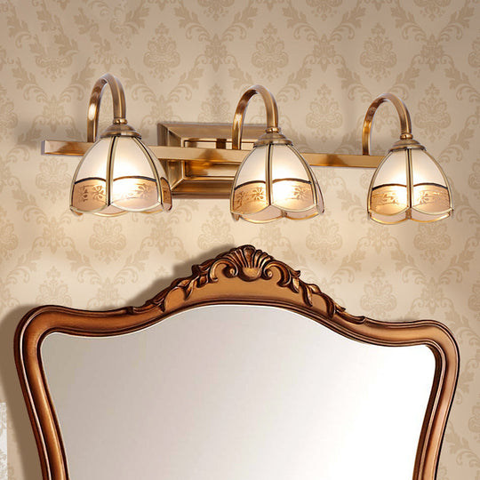 Traditional Brass Wall Sconce With Frosted Glass Dome Shade - 2/3 Bulb Vanity Light Fixture