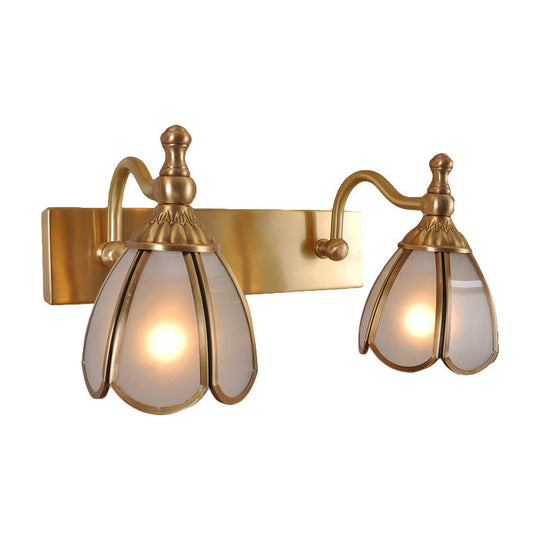 Brass Flower Wall Sconce With Frosted Opal Glass - 1/2/3 Lights Rural Bathroom Vanity Lighting