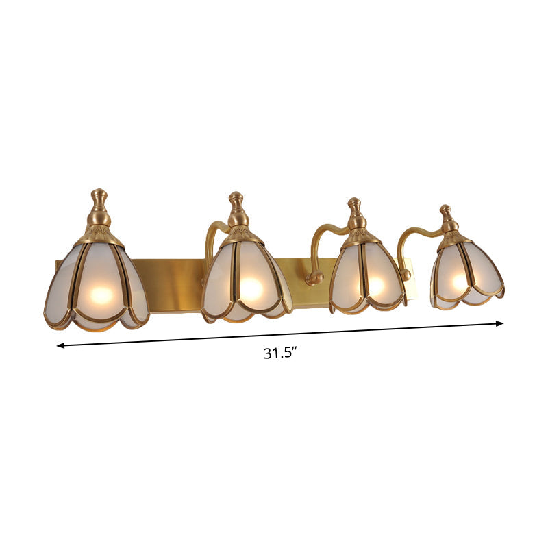 Brass Flower Wall Sconce With Frosted Opal Glass - 1/2/3 Lights Rural Bathroom Vanity Lighting