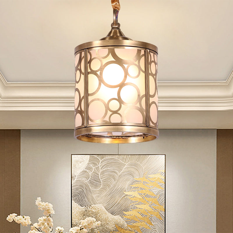 Opal Glass Hallway Pendant Light With Rural Charm - Cylindrical 1-Head Suspended Lamp Brass / Circle