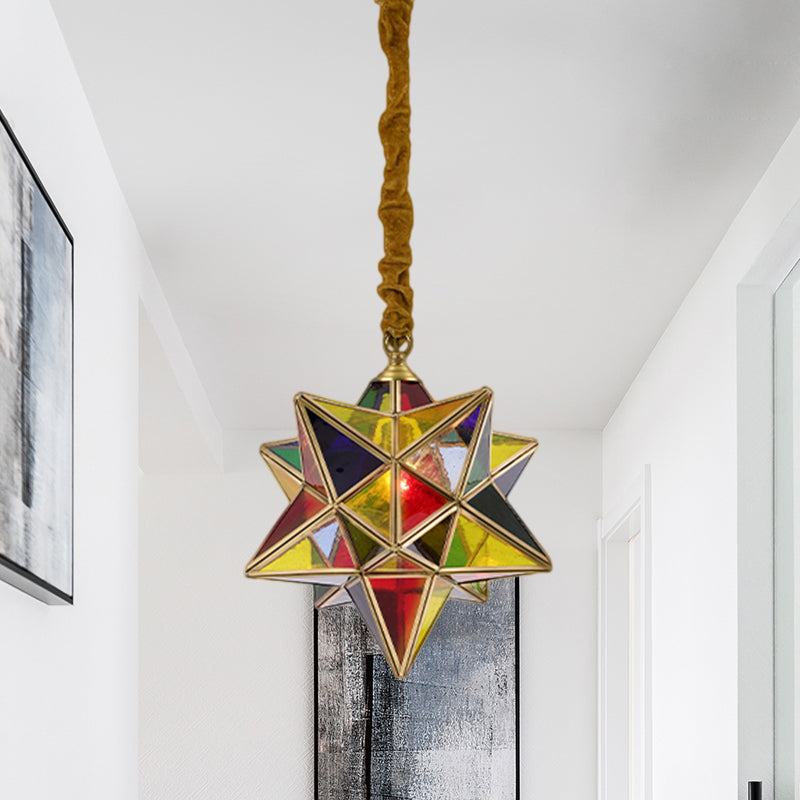 Red Stained Glass Star Pendant Light For Traditional Dining Room