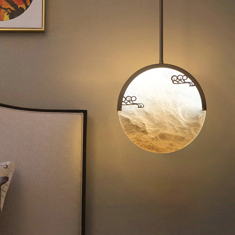 8/12 Round Drop Pendant - Black/Gold Acrylic Down Lighting For Corridor