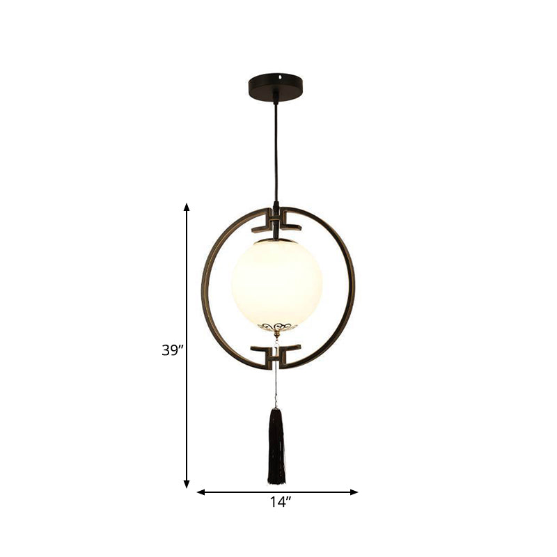 Pendulum Light Classic Globe Cream Glass Suspension Lamp With Black Metal Ring - 1
