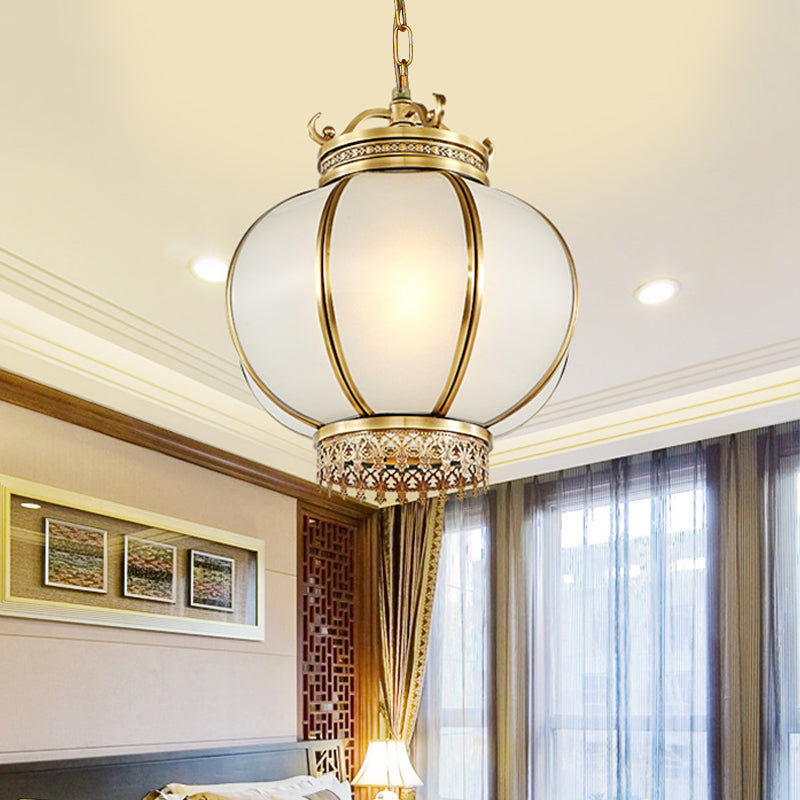 Frosted Glass Lantern Hanging Light - Traditional Brass Pendant For Bedroom