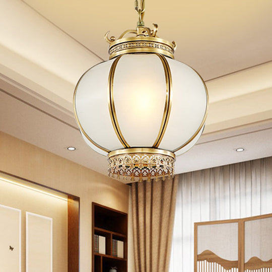 Frosted Glass Lantern Hanging Light - Traditional Brass Pendant For Bedroom