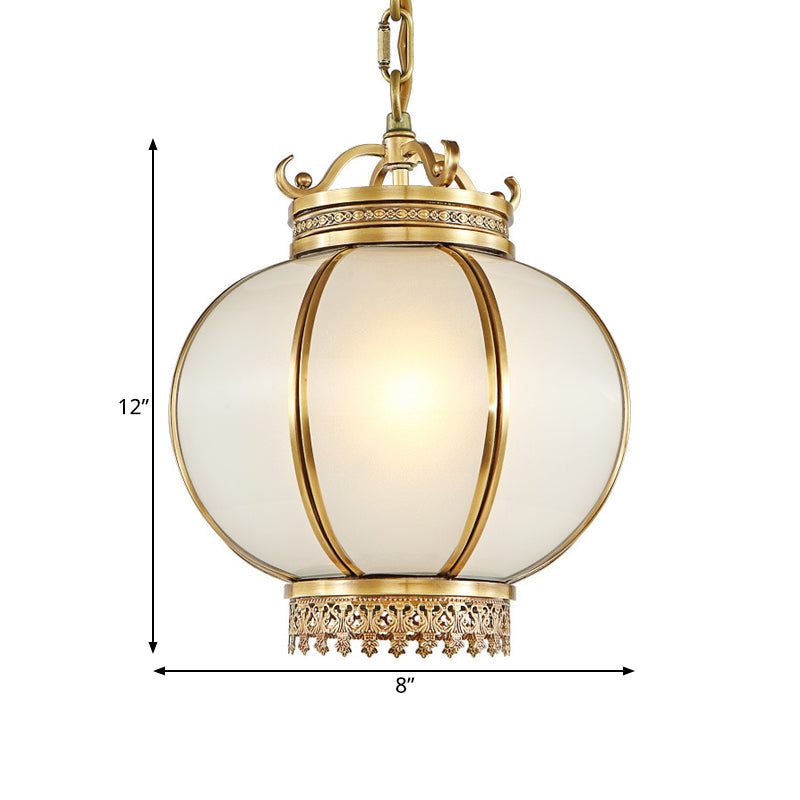 Frosted Glass Lantern Hanging Light - Traditional Brass Pendant For Bedroom