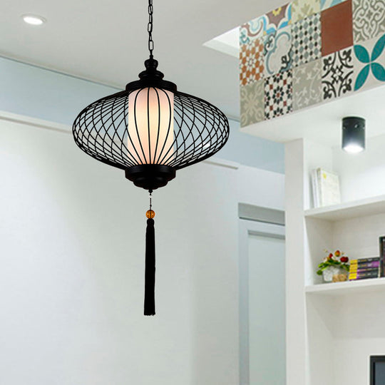 Traditional Black Fabric Lantern Pendulum Ceiling Lamp 12/14/16 Wide / 12