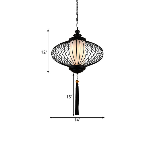 Traditional Black Fabric Lantern Pendulum Ceiling Lamp 12/14/16 Wide