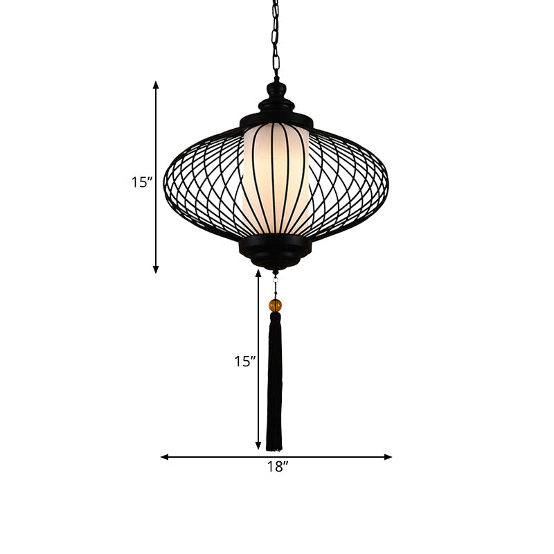 Traditional Black Fabric Lantern Pendulum Ceiling Lamp 12/14/16 Wide