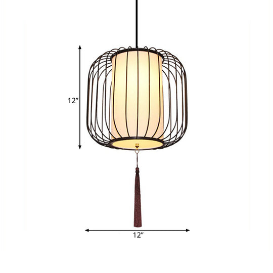 12/14 Wide Fabric Lantern Pendant Lamp In White - Classic Living Room Hanging Light Kit