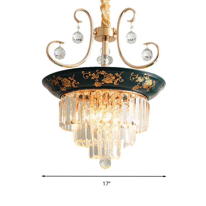 Contemporary Cone Crystal Rod Ceiling Light 3/5 Heads With Green/Dark Green Chandelier Illumination